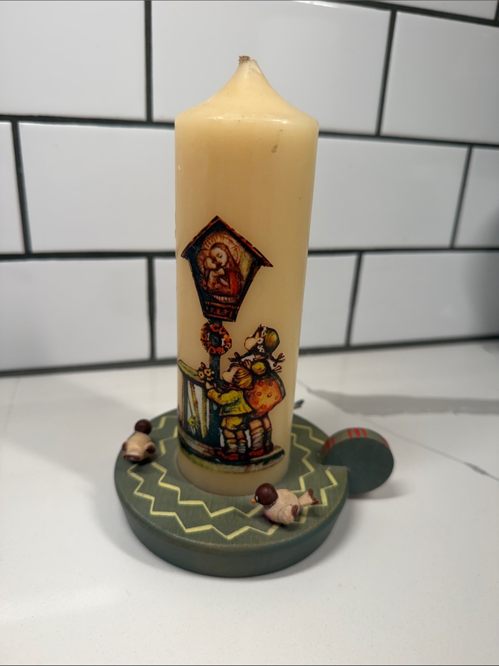 Hummel Figurine Pillar Candle with Hand-Painted Folk Artwork